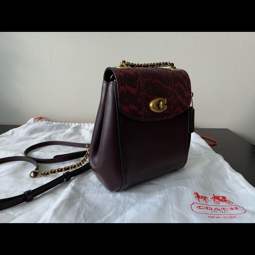 Coach Parker Convertible 16 Snake Skin Detail Burgundy Leather Backpack